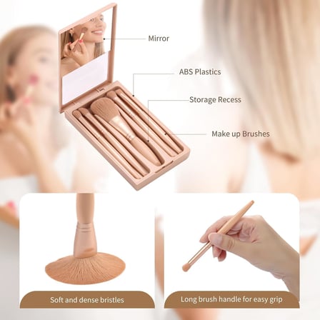 makyaj fırçaları, 5 PCS seyahat boyu mini set, aynalı saklama kutusu ile, pembe taşınabilir fırça, profesyonel yüz ve göz makyajı uygulaması için ideal, pratik çanta boyu günlük kullanım