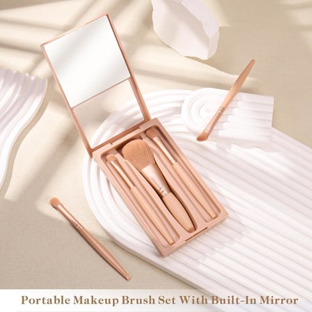 makyaj fırçaları, 5 PCS seyahat boyu mini set, aynalı saklama kutusu ile, pembe taşınabilir fırça, profesyonel yüz ve göz makyajı uygulaması için ideal, pratik çanta boyu günlük kullanım
