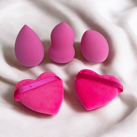 Pembe 5 Adet Güzellik Makyaj Süngeri Seti 3 Adet Sünger + 2 Adet Kalpli Pudra Fondöten Bb Krem Uygulama Aparatı Yıkanabilir Sünger -puff