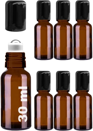 30 ml Çelik Roll On Şişesi 30 cc Sızdırmaz Siyah Kapaklı Cam Şişe 6 Adet (Amber, 30)