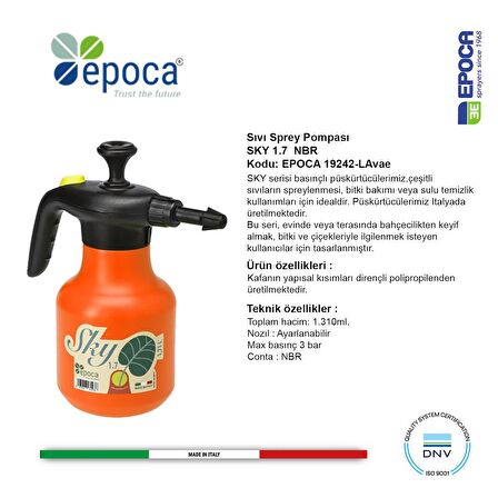 Epoca SKY 1,7 Lava - Yeşil ve Kiremit Rengi Sıvı Püskürtme  Pompası 1,7Lt.