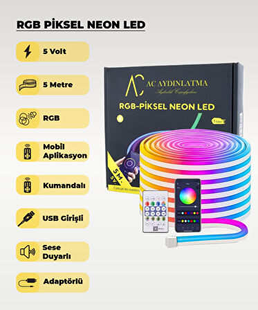 USB Neon RGB Piksel Şerit Led - Animasyonlu - Sese Duyarlı - 5 Metre (Aplikasyon - Kumandalı))