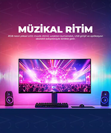 USB Neon RGB Piksel Şerit Led - Animasyonlu - Sese Duyarlı - 5 Metre (Aplikasyon - Kumandalı))