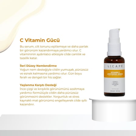 C Vitaminli Aydınlatıcı Serum 30 ml – İnce Çizgi ve Kırışıklık Karşıtı, Cilt Tonu Eşitleyici, Işıltı ve Canlılık Sağlayan Yüz Serumu