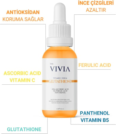 The Vivia Leke Karşıtı Aydınlatıcı C Vitamini Serum Glutatyon,%20 Askorbik Asit,%5 Ferulik Asit 30 ml