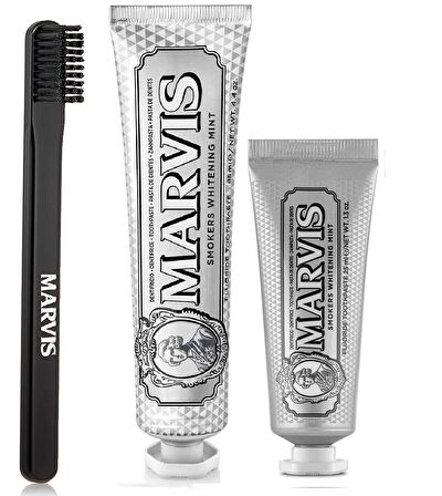 Marvis Smokers Whitening Mint Nane Aromalı Beyazlatma Doğal Diş Macunu 85 ml & Diş Macunu 25 ml ve Diş Fırçası 