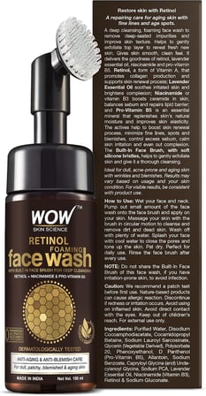 WOW Skin Science Retinol Yüz Temizleme Köpüğü ve Dahili Fırça-İnce Çizgiler, Lekeler Bakım Yüzde Doksan Sekiz, Bir Doğal İçerik Vegan 150ml