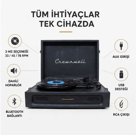 Casablanca Retro Çanta Pikap - 3 Devirli (33/45/78), Dahili Hoparlörlü, Bluetooth Bağlantılı, Nostaljik Taşınabilir Plak Çalar - Siyah