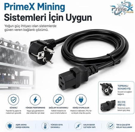 PrimeX PX-P418 1.5 Metre Lüks Power Kablosu, 3x1.5mm Kalın Full Bakır PSU Güç Kablosu, PC Power Supply Monitör Mining Sistemleri İçin Siyah Enerji Kablosu