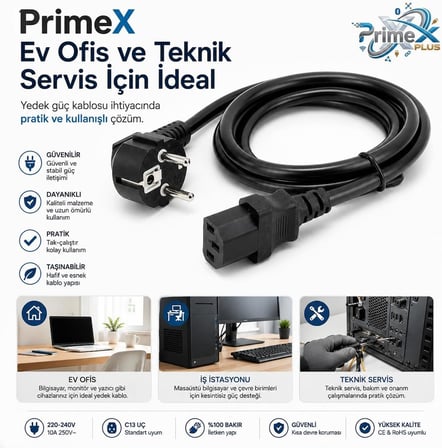 PrimeX PX-P418 1.5 Metre Lüks Power Kablosu, 3x1.5mm Kalın Full Bakır PSU Güç Kablosu, PC Power Supply Monitör Mining Sistemleri İçin Siyah Enerji Kablosu