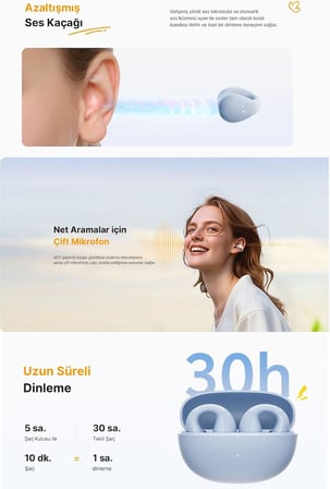 C10 Crossky Bluetooth Küpe Kulaklık Çift Mikrofon Çift Cihaz Bağlantısı Kristal Ses Netlik Ipx4,Mavi
