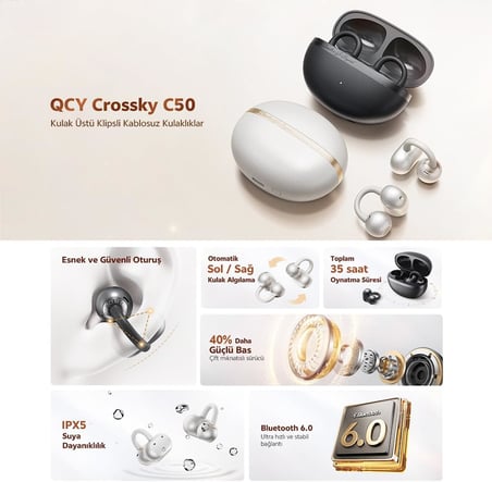 C50 Crossky Küpe Kulaklık 6.0 Çift Cihaz Çift Mıknatıs 35 Saat Dinleme 4 Mic. Gürültü Engelleme Mavi