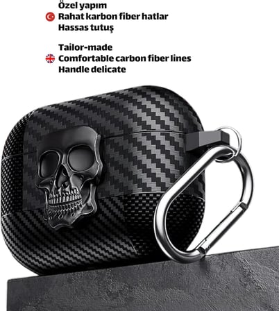 Airpods 4. Nesil Ve Airpods 5. Nesil Uyumlu Karbon Fiber Hybrid Polymer Technology 3D Kuru Kafa Tasarımlı Güvenlik Kilitli Premium Kulaklık Kılıfı (Kuru Kafa)