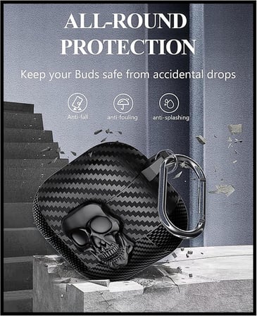 Airpods 4. Nesil Ve Airpods 5. Nesil Uyumlu Karbon Fiber Hybrid Polymer Technology 3D Kuru Kafa Tasarımlı Güvenlik Kilitli Premium Kulaklık Kılıfı (Kuru Kafa)