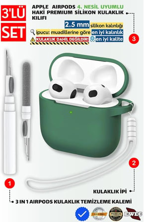 AirPods 4. Nesil ve 5. Nesil Uyumlu Haki Silikon Kulaklık Kılıfı, Kulaklık Ipi Ve 3'ü 1 Arada Temizleme Kalemi Seti(Haki)