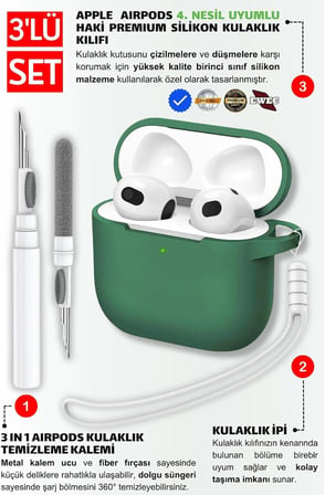 AirPods 4. Nesil ve 5. Nesil Uyumlu Haki Silikon Kulaklık Kılıfı, Kulaklık Ipi Ve 3'ü 1 Arada Temizleme Kalemi Seti(Haki)