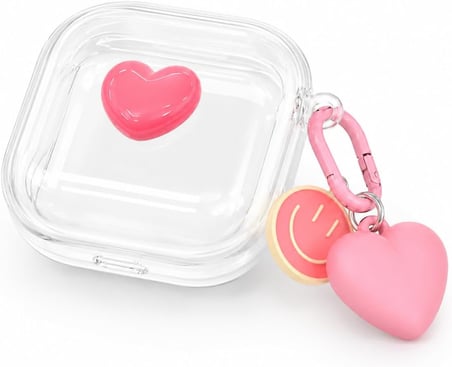 Samsung Galaxy Buds 4 / Buds 4 Pro ile Uyumlu HeartPop 3D Kalpli Şeffaf Kulaklık Kılıfı – Pembe Karabinalı, Kalp ve Smiley Charm Aksesuarlı Koruyucu Kulaklık Kabı