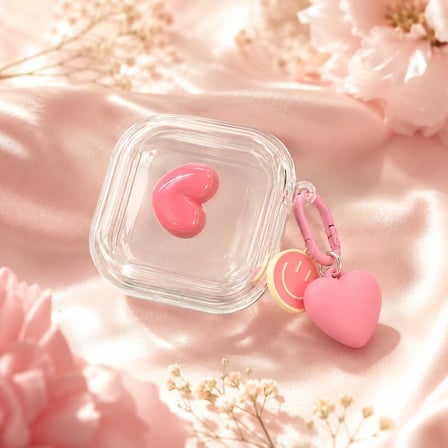 Samsung Galaxy Buds 4 / Buds 4 Pro ile Uyumlu HeartPop 3D Kalpli Şeffaf Kulaklık Kılıfı – Pembe Karabinalı, Kalp ve Smiley Charm Aksesuarlı Koruyucu Kulaklık Kabı