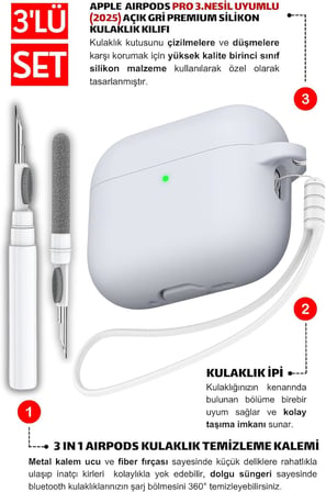 Pro 3 Nesil Uyumlu Acik Gri Premium Silikon Kulaklik Kilifi, Kulaklik İ̇Pi Ve 3'U 1 Arada Bluetooth Kulaklik Temizleme Kalemi Seti (Acik Gri)
