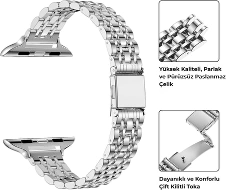 Apple Watch Uyumlu Jubilee İnce Çelik Kordon - 49/46/45/44/42/41/40/38mm Uyumlu - Apple Watch SE Series 3/2/1 & Watch Ultra 3/2/1 & Series 11-1