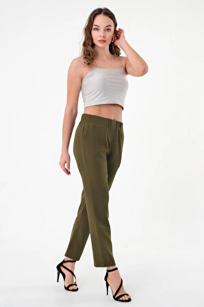 Kadın Haki Beli Lastikli Dar Kesim Pantolon