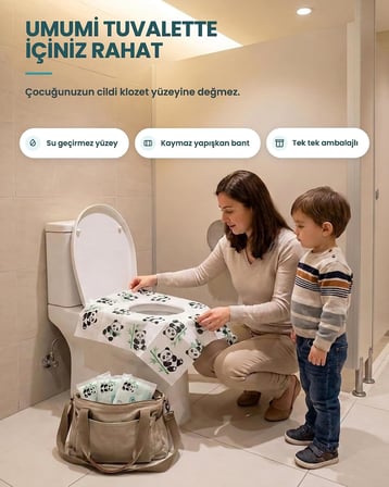 Tek Kullanımlık Çocuk Klozet Örtüsü, Panda Desenli Sıvı Geçirmez Hijyenik Klozet Kapak Örtüsü, Tek Tek Paketli, 12 Adet