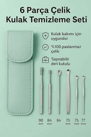 Yeşil Deri Çantalı 6 Parça Çelik Kulak Temizleme Seti cin433ys