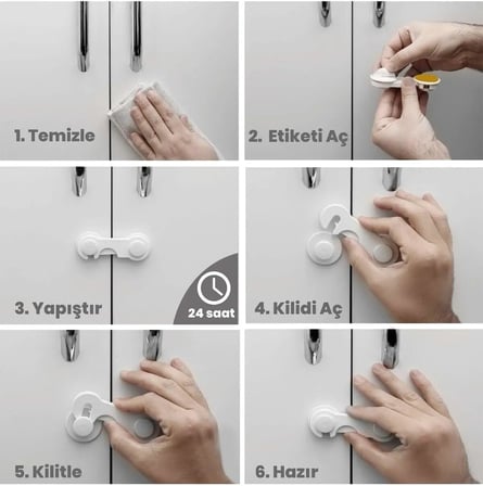 4 Adet Dolap Kapak Çekmece Kilidi Çocuk Bebek Güvenliği Emniyeti Çift Taraflı Bantlı Kolay Montaj, Tek Ebat