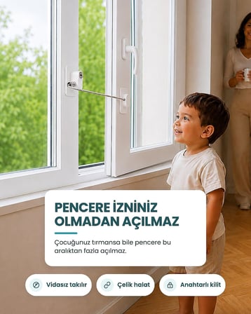 VİDASIZ Halatlı Pencere Emniyet Kilidi, Anahtarlı Çelik Halatlı Çocuk Güvenlik Kilidi, Yapışkanlı, Beyaz