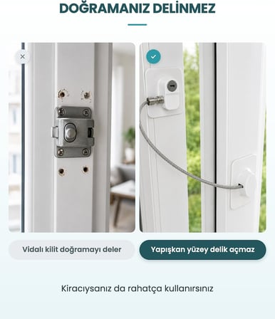 VİDASIZ Halatlı Pencere Emniyet Kilidi, Anahtarlı Çelik Halatlı Çocuk Güvenlik Kilidi, Yapışkanlı, Beyaz