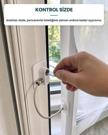 VİDASIZ Halatlı Pencere Emniyet Kilidi, Anahtarlı Çelik Halatlı Çocuk Güvenlik Kilidi, Yapışkanlı, Beyaz