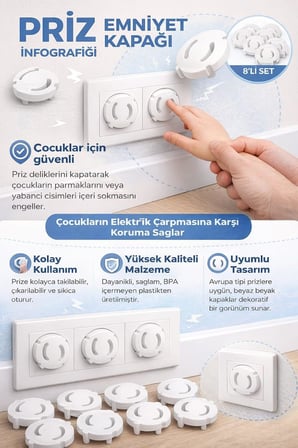 Çocuk Güvenlik Priz Koruyucu, 8 Adet Priz Tıkacı, Bebek Ve Çocuklar İçin Elektrik Prizi Koruma Kapağı, Beyaz, Koruyucu Tıkacı Seti