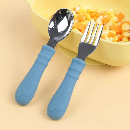 Silikon Saplı Paslanmaz Çelik Bebek Kaşık Çatal Seti (Mavi)