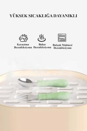 Silikon Saplı Paslanmaz Çelik Bebek Kaşık Çatal Seti (Mavi)