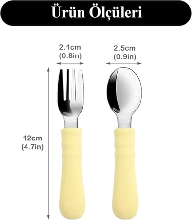 Silikon Saplı Paslanmaz Çelik Bebek Kaşık Çatal Seti (Mavi)