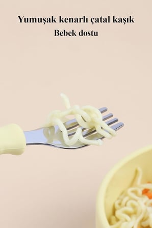 Silikon Saplı Paslanmaz Çelik Bebek Kaşık Çatal Seti (Mavi)