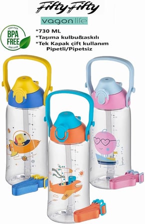 730ml Tritan Tek Kapak Çift Kullanım Pipetli/Pipetsiz Askı Aparatlı Tritan Çocuk Su Matarası