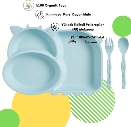Flybee Sevimli İnek Lolo 3 Bölmeli Eğlenceli Beslenme Tabağı, Mama Tabağı, Çatal Kaşık Seti (Yeşil)