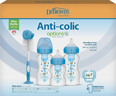 Geniş Ağız Anti-Kolik Options+ PP Biberon Mavi Hediye Seti (2x270 & 1x150 mL Biberon, 1 Emzik Biberon Fırçası, 1 Emzik, 2 Fırça)