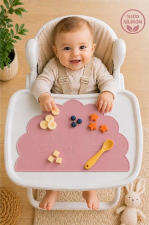%100 Silikon Bebek Beslenme Matı Kolay Temizlenebilir Mama Altlığı Pembe