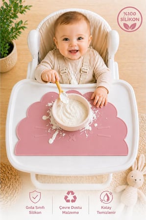 %100 Silikon Bebek Beslenme Matı Kolay Temizlenebilir Mama Altlığı Pembe