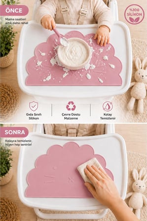 %100 Silikon Bebek Beslenme Matı Kolay Temizlenebilir Mama Altlığı Pembe