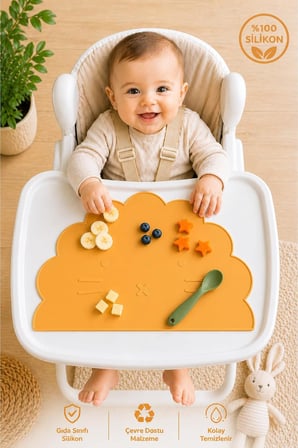 %100 Silikon Bebek Beslenme Matı Kolay Temizlenebilir Mama Altlığı Sarı