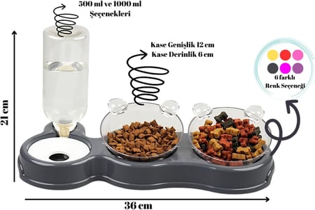 Çift Hazneli- 3' lü Beslenme Mama ve Su Kabı Turuncu 500 ml 36 * 21 * 16 cm