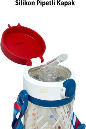 Rovco 330ml Pipetli Ve Rahat Içim 3 Kapaklı Akıllı Pipet Toplu Askılı Özel Kutulu Tritan Su Matarası (Lacivert)