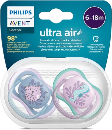 Philips Ultra Air Emzik, Kız Bebekler için 6-18 Ay, 2’li Paket, Ortodontik Silikon, Geniş Hava Delikli, Mikrodalga Sterilize Edilebilir, BPA İçermez, Taşıma Kutulu, SCF085/61