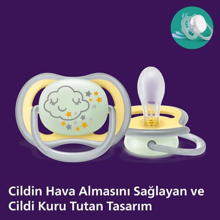 Philips Ultra Air Gece Emzik, 18 Ay+, 2’li Paket, Karanlıkta Parlayan, Ortodontik Silikon, Geniş Hava Delikli, Mikrodalga Sterilize Edilebilir, BPA İçermez, SCF376/01