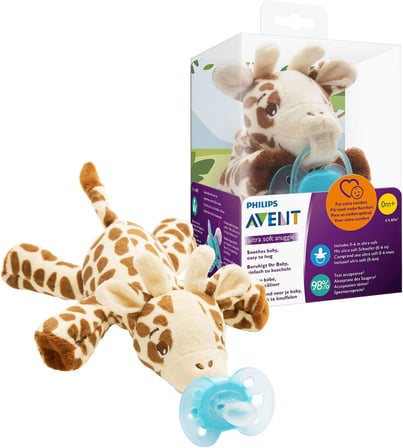 Avent Snuggle Giraffe SCF348/11, Kuscheltier mit Schnuller ultra soft, perfektes Geschenk für Neugeborene und Babys, Schnullertier