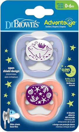 Dr. Brown's Advantage Yalancı Emzik Gece Parlayan Mercan Okyanus,- 1. Evre, Pembe, 2'li