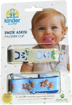 Bebek Emzik Askısı, 2'li Set, Sevimli Hayvan Desenli, Plastik Klipsli, Nikelsiz, EN 12586:2025 Standartlarına Uygun